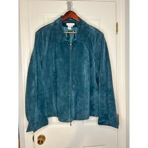 Coldwater Creek 3X Teal Suede Leather Jacket Zip Front Plus Size Blue Green